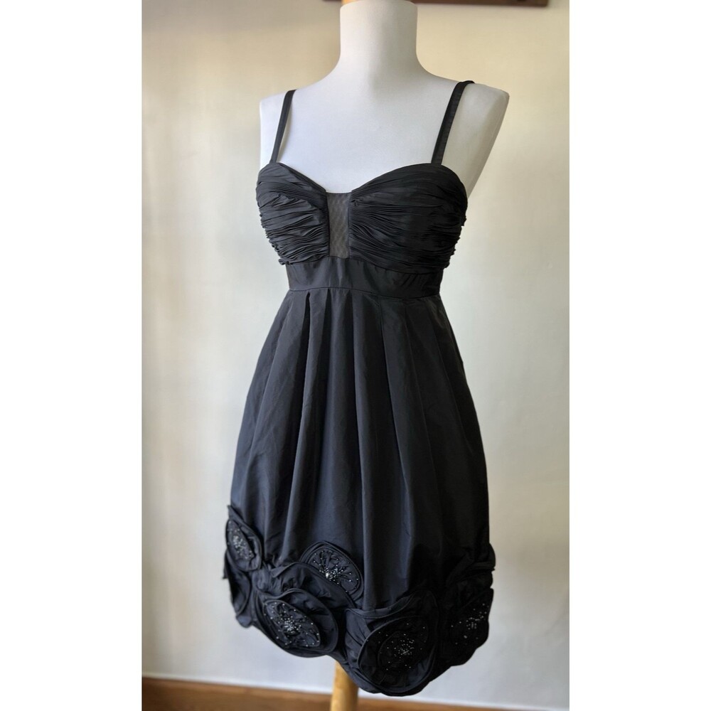 BCBGMAXAZRIA Black Satin Sweetheart Fit & Flare Beaded Rosette Short Dress 0